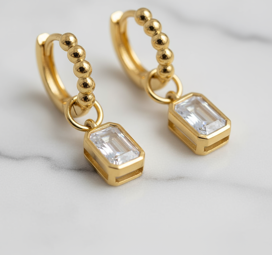 House of Hide Perth Australia Summer Radiance Gem Hoops stylish textured gold earrings with modern zircon pendant