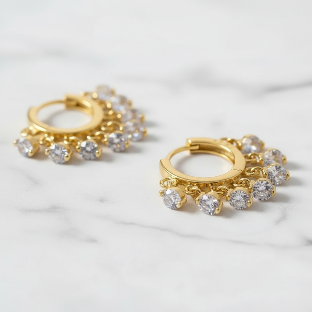 Summer Spark Cascade Hoops Perth Australia House of Hide classic gold and silver earrings with shimmering zircon drops