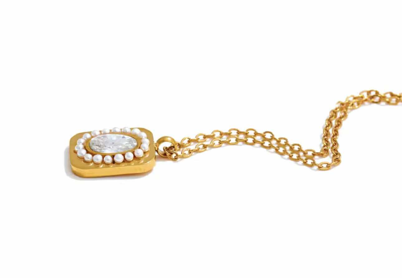 Sundrop Pendant Necklace with square zircon and pearl halo on gold-plated chain