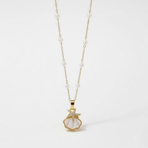 Sunlit Shell Necklace Australia Houseofhide featuring a white shell pendant on a gold-tone stainless steel chain.