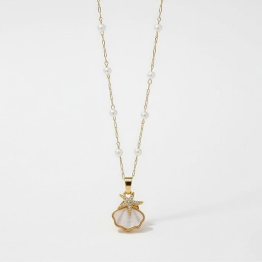 Sunlit Shell Necklace Australia Houseofhide featuring a white shell pendant on a gold-tone stainless steel chain.