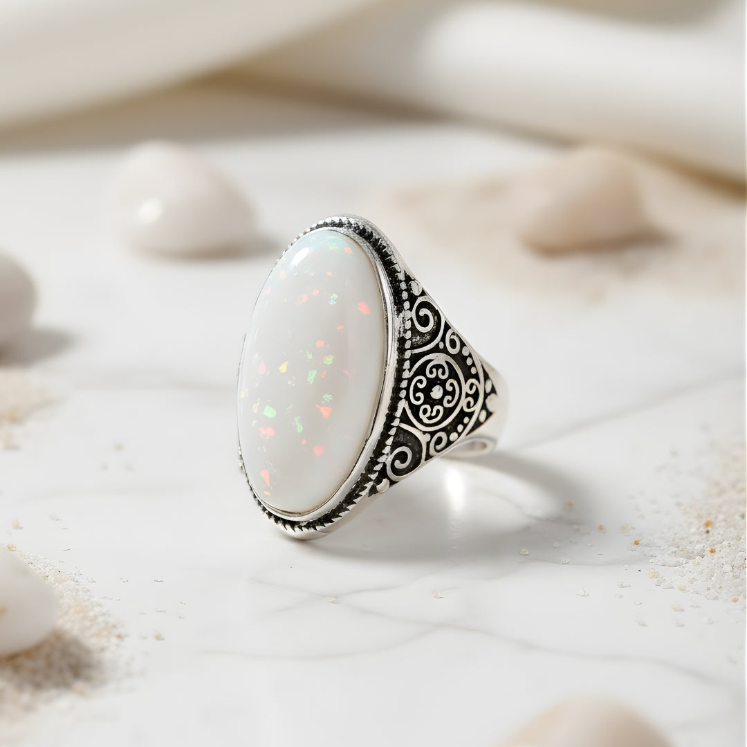 Elegant silver white stone ring Perth Australia House of Hide photographed on neutral background
