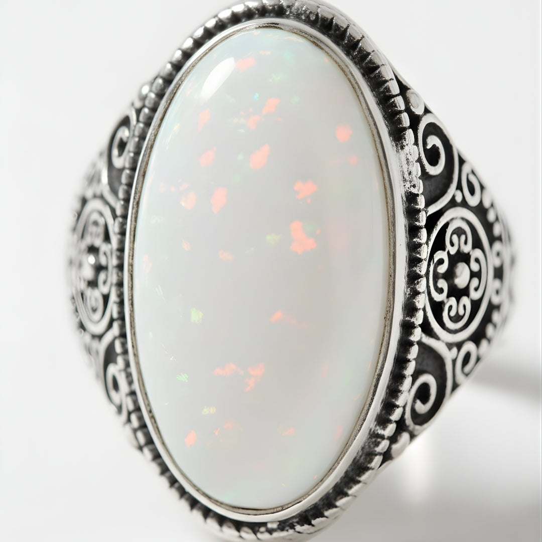 Luxury Tahitian Dawn Ring with engraved silver band and luminous white gemstone Perth brand