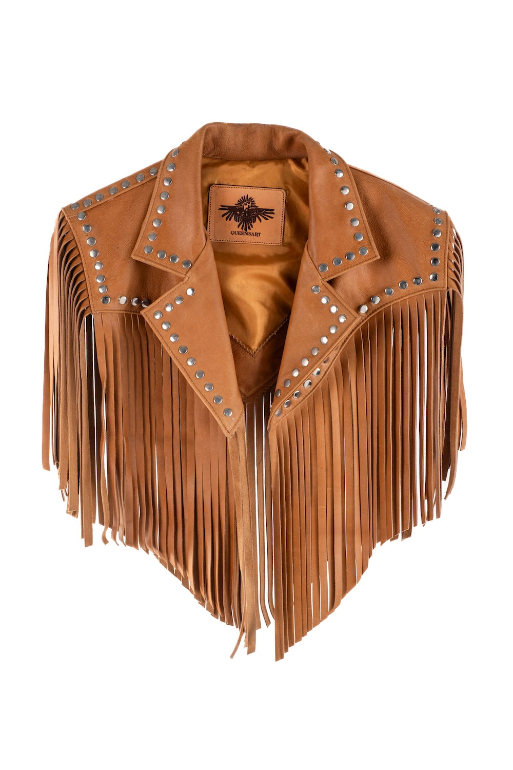 Cropped western cowhide bolero with structured collar, hand-cut fringe, and bold star detail — perfect for rodeo wear in Australia.