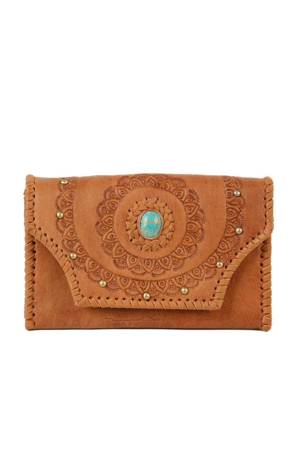 The Cleo Clutch – a hand-tooled leather clutch with turquoise stone detail. Ethically handmade and designed for effortless country-boho style.