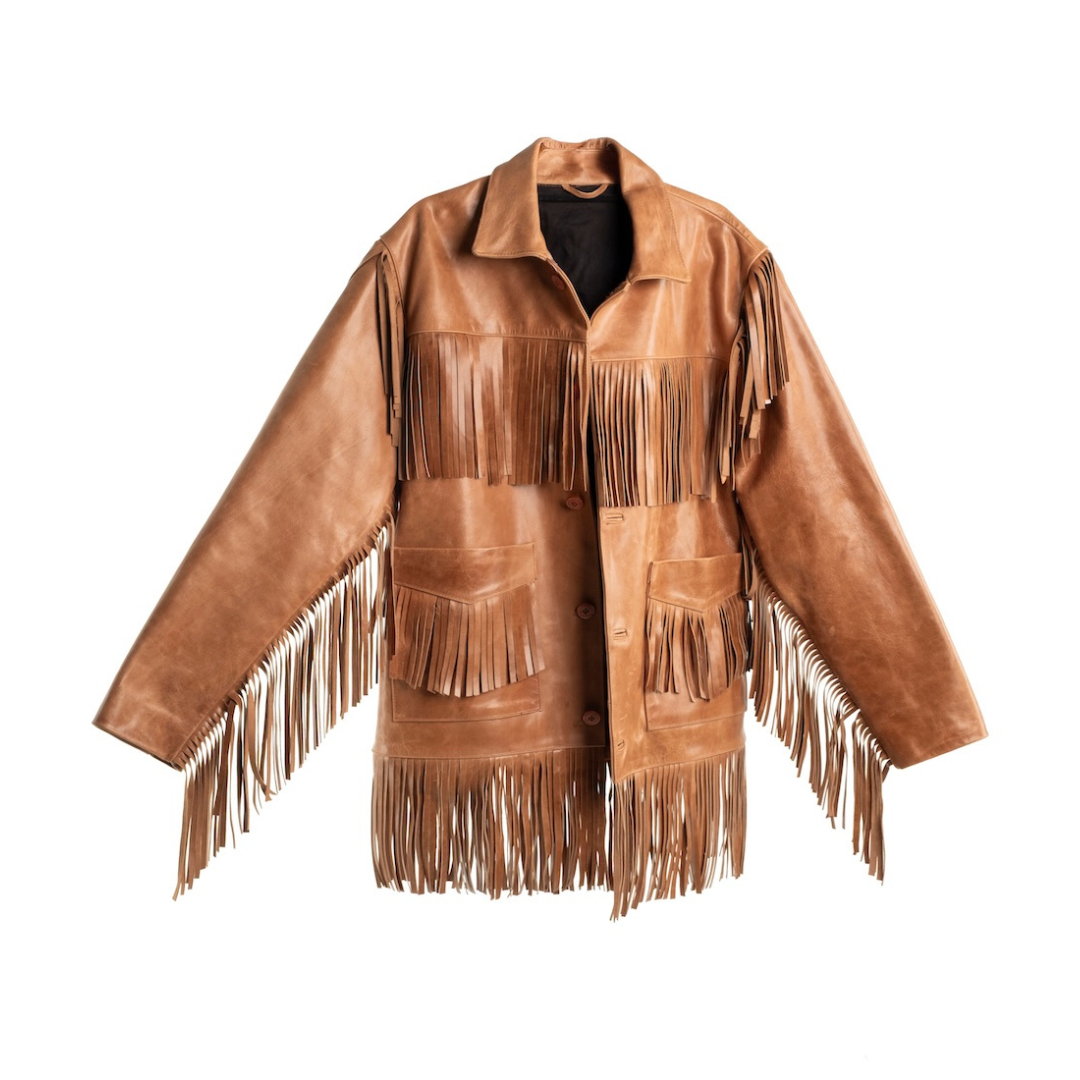 A tan leather fringe jacket with a pointed collar, button front, and two front flap pockets, shown on a plain white background.