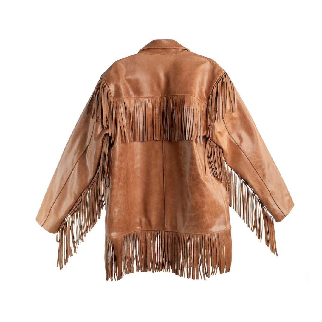 A tan leather fringe jacket shown from the back, featuring long fringe detailing along the shoulders, sleeves, and hem, set against a plain white background.