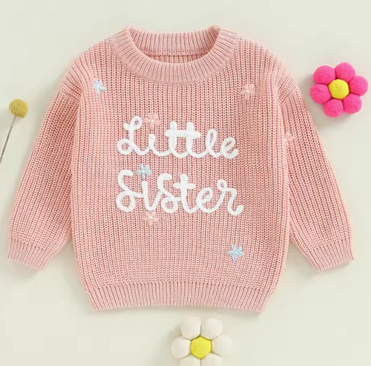 Toddler girl wearing pink Little Sister jumper with bold embroidery