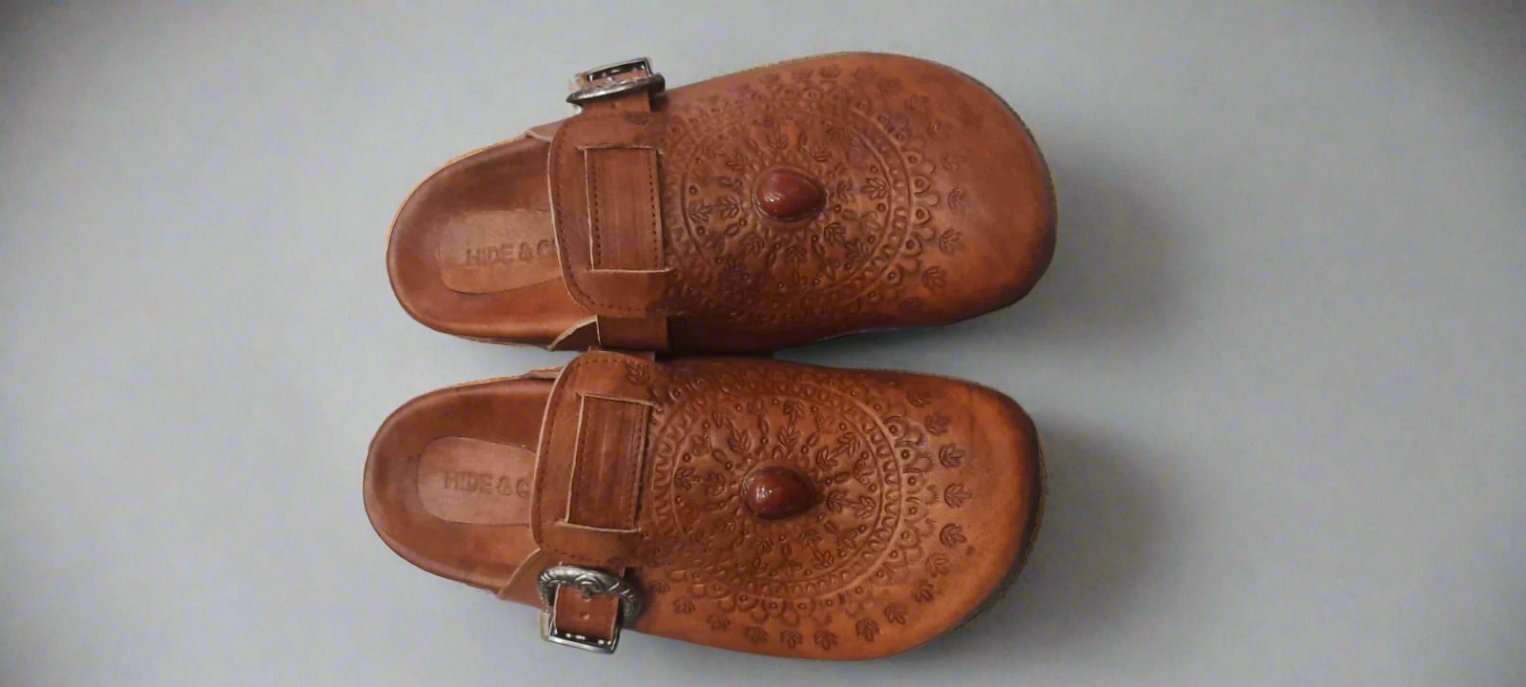 Top view of Western Buckle Boho Clogs – Showcasing the intricate detailing of the hand-tooled leather with a boho-inspired design and silver buckle.