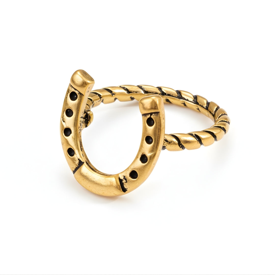 Tropic Fortune Ring Perth Australia House of Hide gold horseshoe-shaped ring on white background