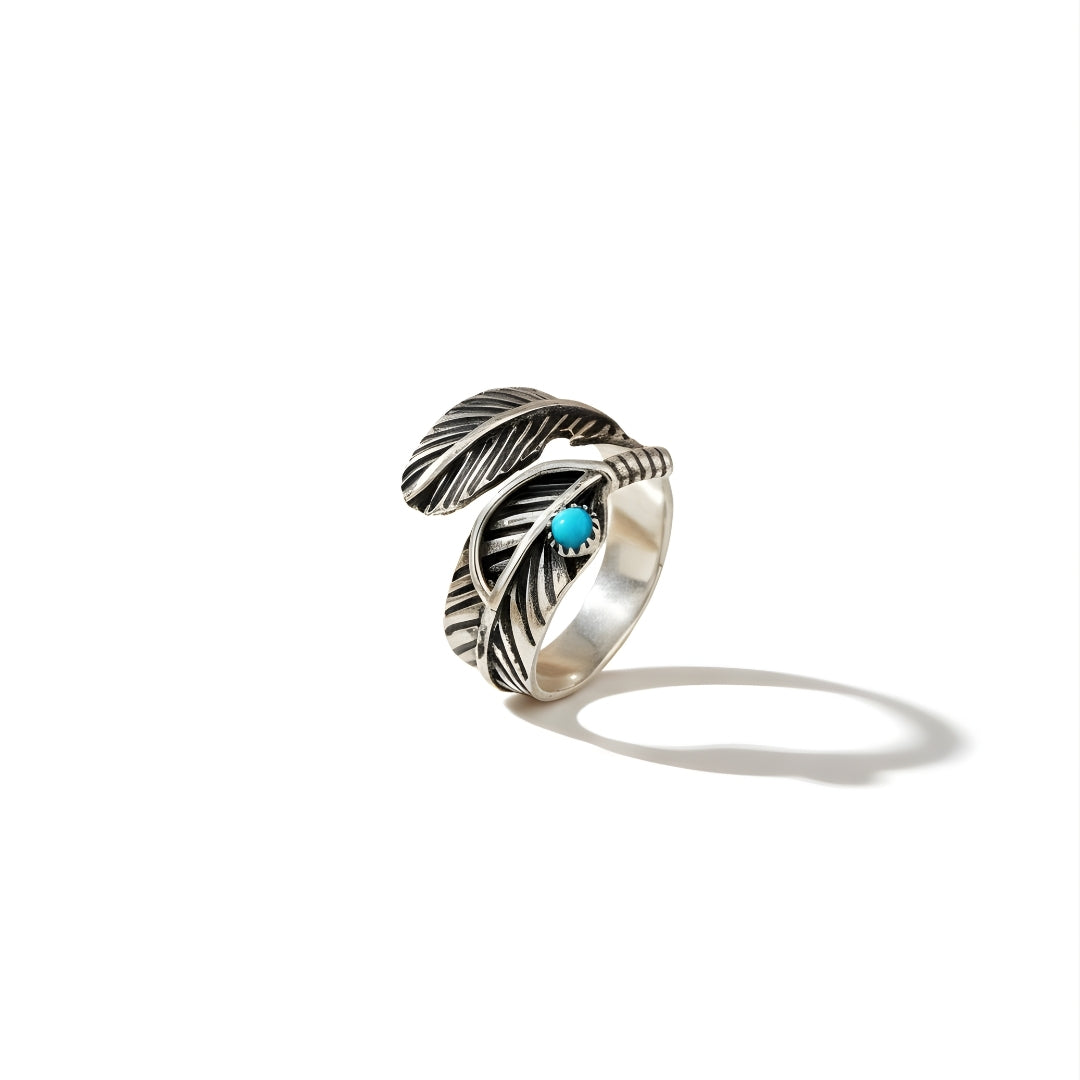 Turquoise Dream Feather Ring Perth Australia House of Hide silver ring with feather design and turquoise stone on white background