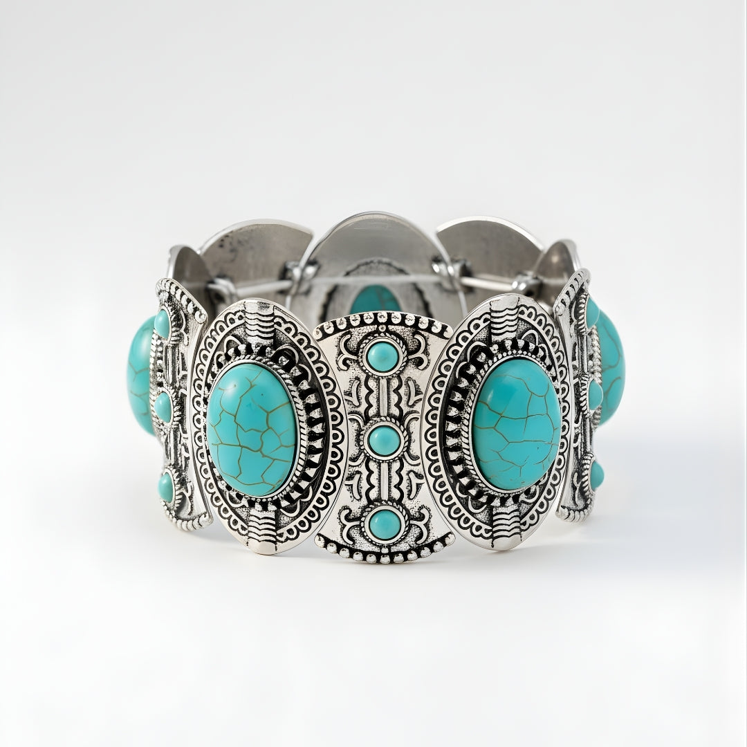 Turquoise Tide Bracelet Perth Australia House of Hide silver bracelet with turquoise stones and engravings on white background