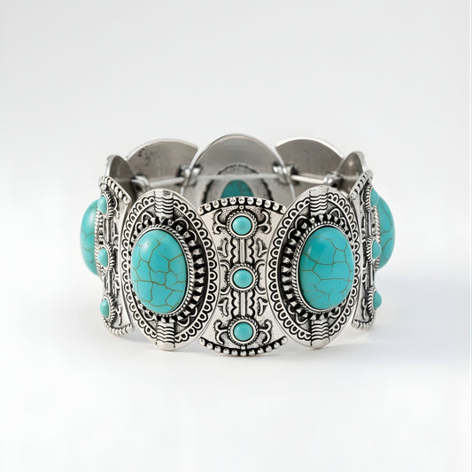 Turquoise Tide Bracelet Perth Australia House of Hide silver bracelet with turquoise stones and engravings on white background