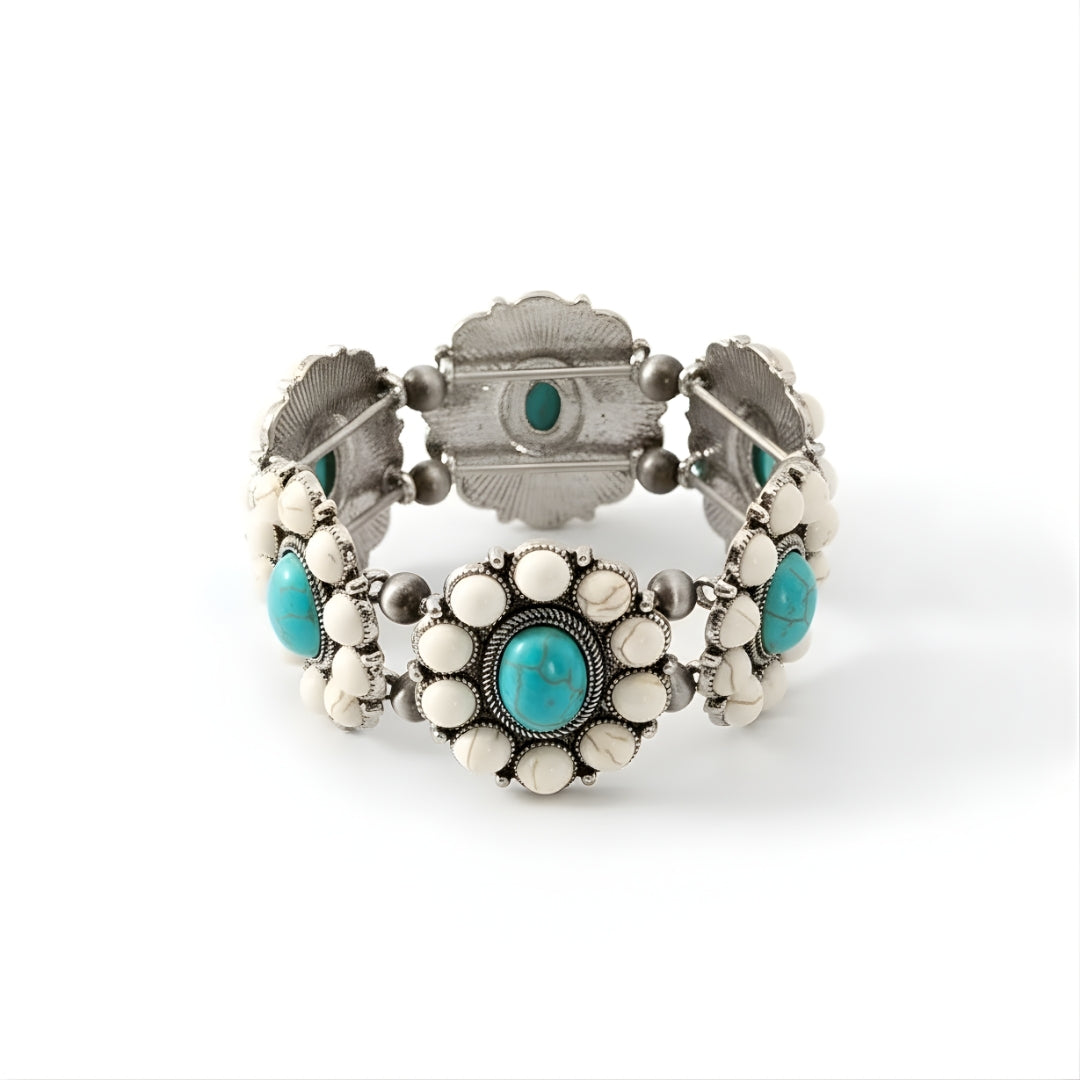 Close-up of Turquoise Tide Treasures Bracelet Perth Australia Houseofhide showing turquoise gemstone beads and silver-tone detailing.