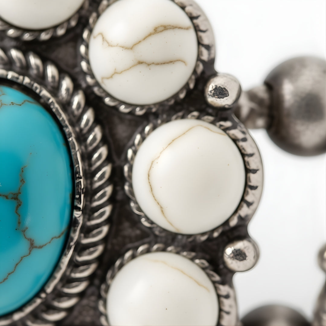 Turquoise Tide Treasures Bracelet Perth Australia Houseofhide styled with layered boho jewellery on neutral background.