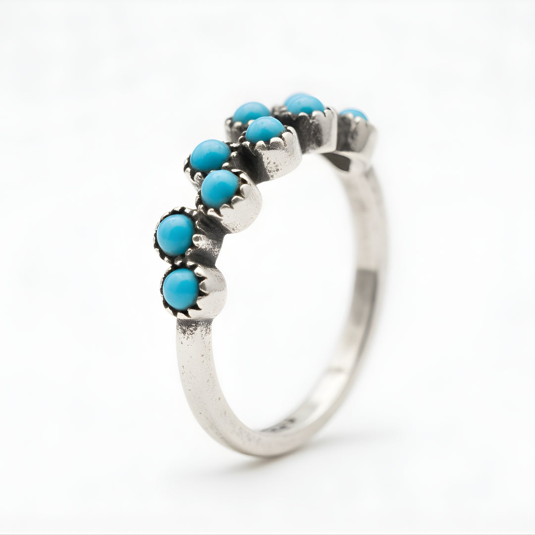 Close up of a silver turquoise stone ring from House of Hide jewellery, designed in Perth, Australia