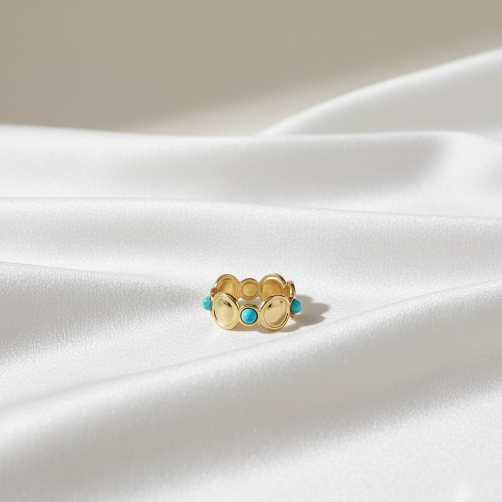 Turquoise Tropic Ring Perth Australia House of Hide gold bracelet with turquoise beads on white background