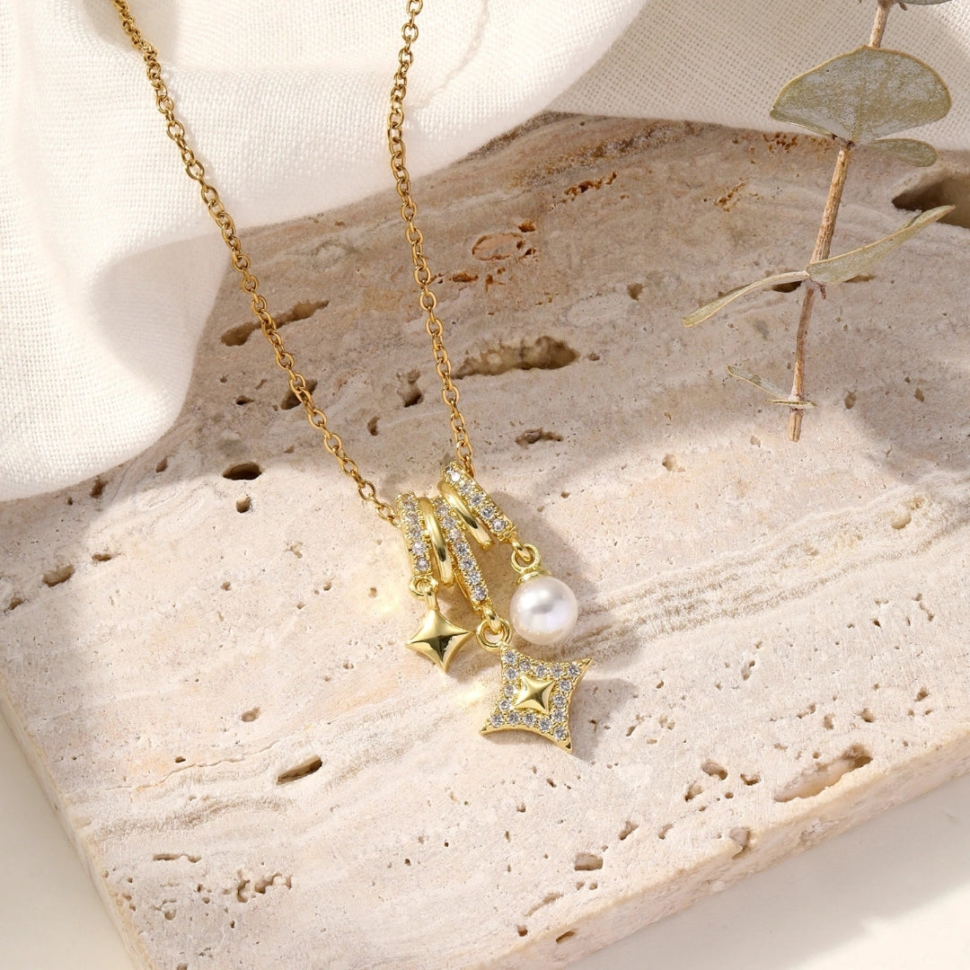 Luxury gold necklace with star charms and pearl Perth Australia House of Hide product photo