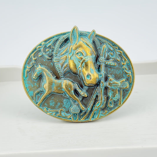 Verdant Stallion Western Cowboy Heritage Buckle Perth Australia House of Hide handcrafted metal buckle with horse and foal design