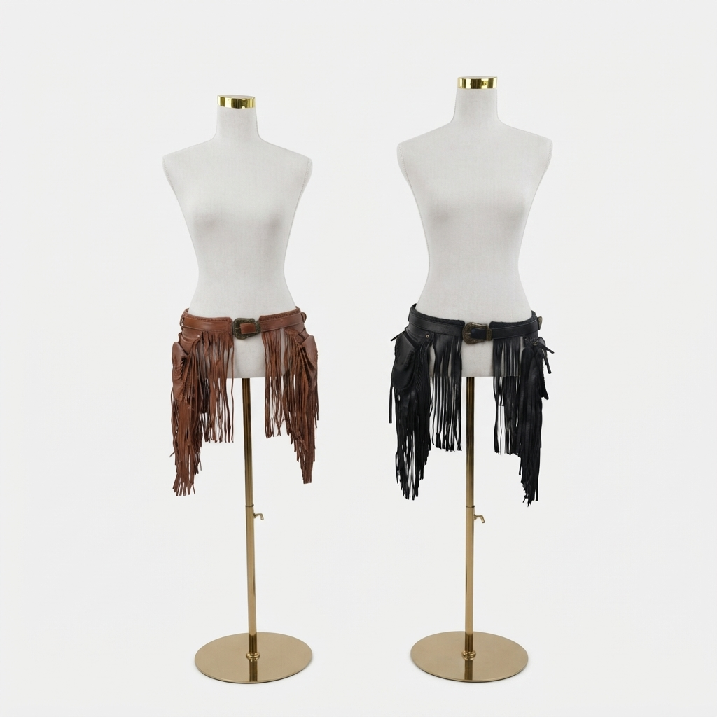 Two faux leather fringe belts displayed on white dress forms mannequins, one in brown and one in black, set against a white paneled door background
