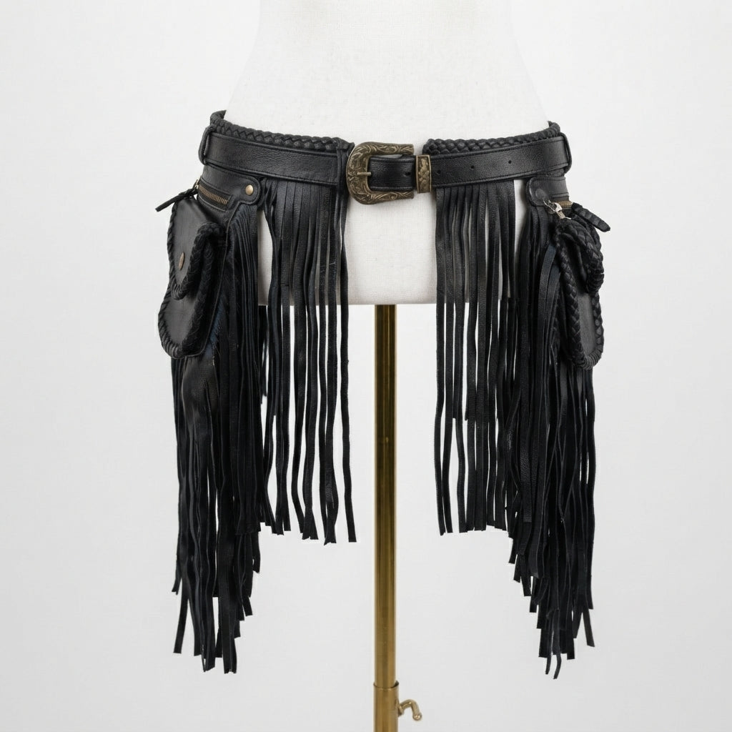 Black leather fringe belt with a large ornate buckle and side pouches, displayed on a white mannequin torso with a gold stand against a white background.