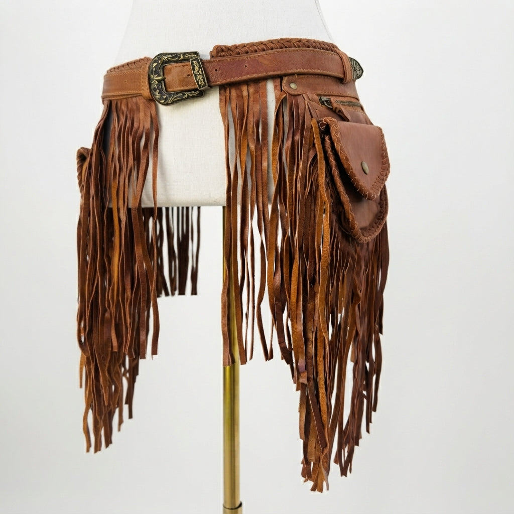 A brown leather fringe belt with a matching pouch and buckle, displayed on a white dress form mannequin against a white background.