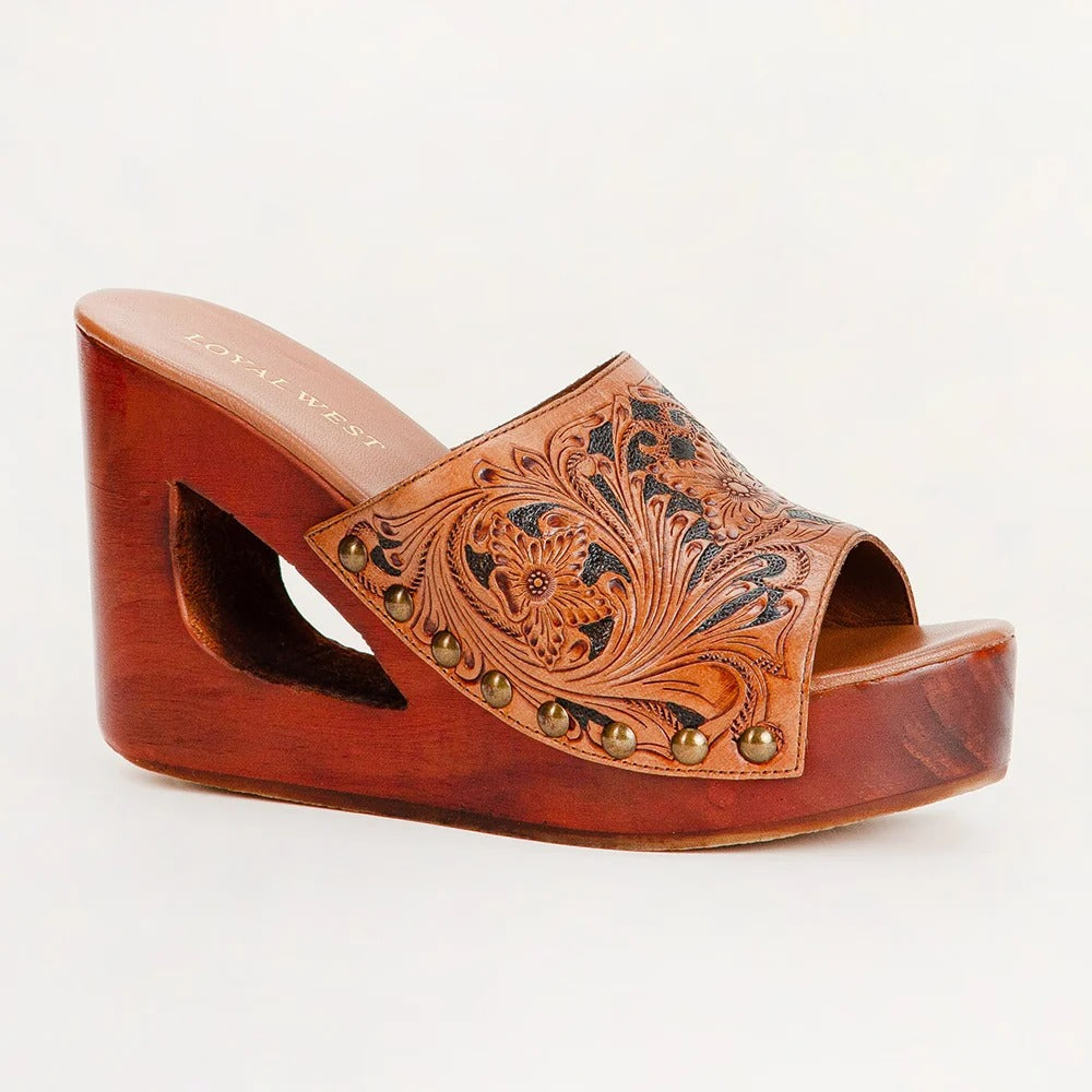House of Hide handcrafted wooden clog shoe with genuine leather tooled detailing and intricate western-inspired design on a white background