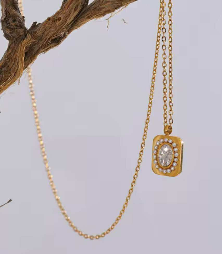 Waterproof stainless steel necklace with pearl-accented zircon pendant – boho jewellery