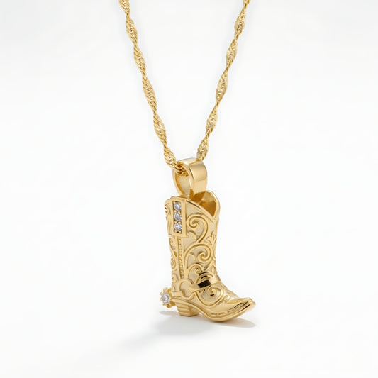 Western TropiCowgirl Necklace Perth Australia Houseofhide featuring an engraved gold cowboy boot pendant with crystal accent.
