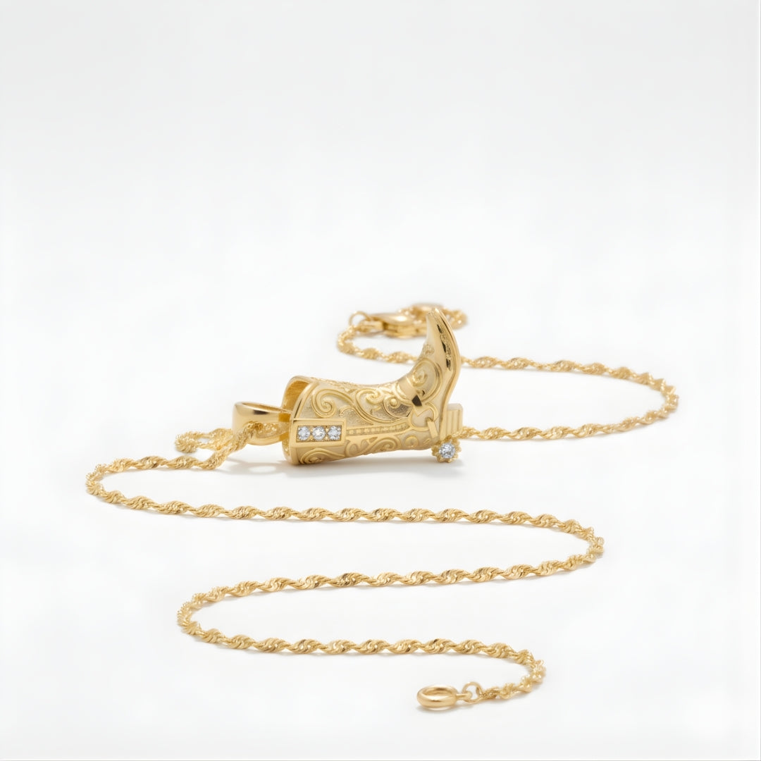 Close-up of Western TropiCowgirl Necklace Perth Australia Houseofhide showing detailed boot engraving and sparkling crystal.