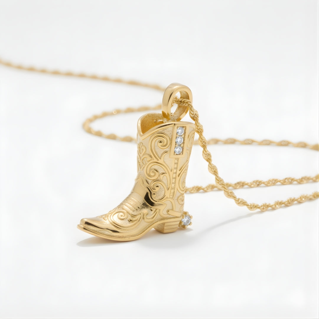 Elegant Western TropiCowgirl Necklace Perth Australia Houseofhide displayed on neutral background highlighting twisted gold chain.