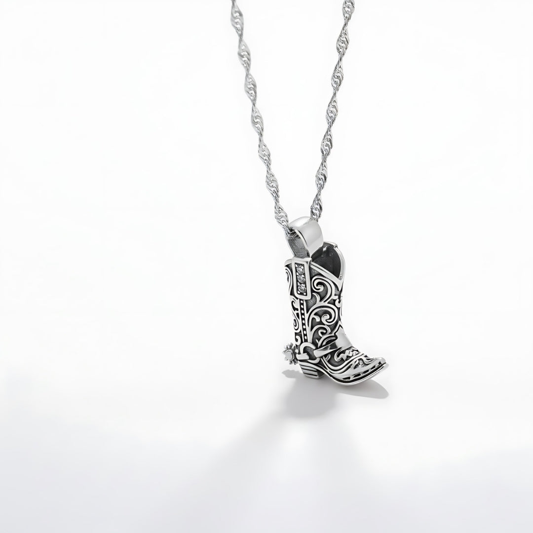 Western TropiRanch Necklace Perth Australia Houseofhide featuring a polished silver cowboy boot pendant with crystal accents.
