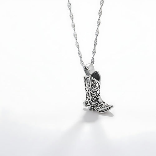 Western TropiRanch Necklace Perth Australia Houseofhide featuring a polished silver cowboy boot pendant with crystal accents.