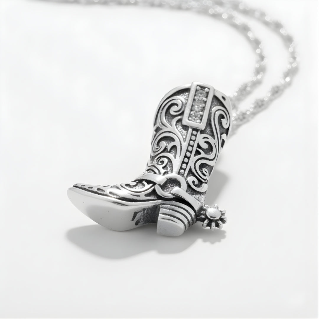 Close-up of Western TropiRanch Necklace Perth Australia Houseofhide showing detailed boot engraving and crystal sparkle.