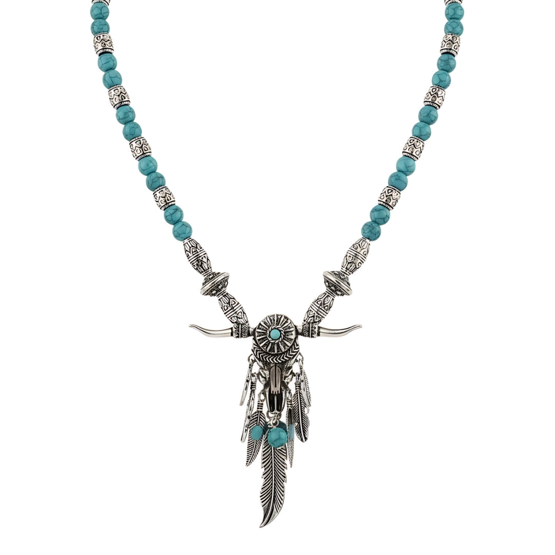 Elegant Western Turquoise Tide Amulet Necklace Perth Australia Houseofhide displayed on neutral background highlighting feather charm.