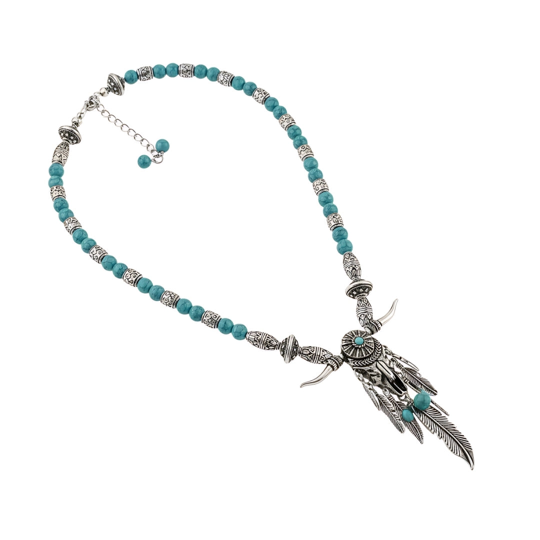 Close-up of Western Turquoise Tide Amulet Necklace Perth Australia Houseofhide showing antique silver detailing and rustic design.