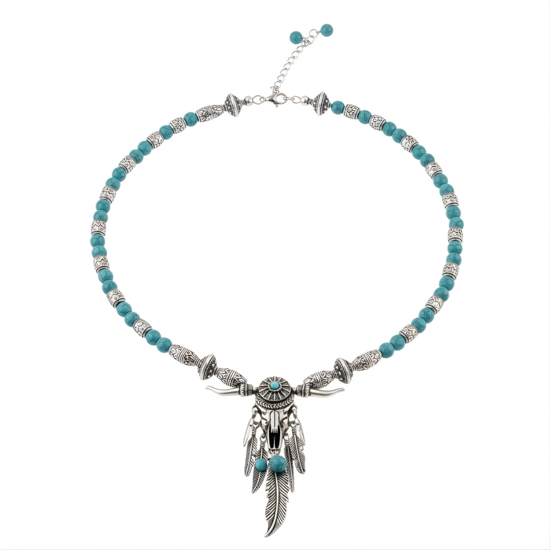 Western Turquoise Tide Amulet Necklace Perth Australia Houseofhide featuring turquoise gemstone beads and silver horn pendant.