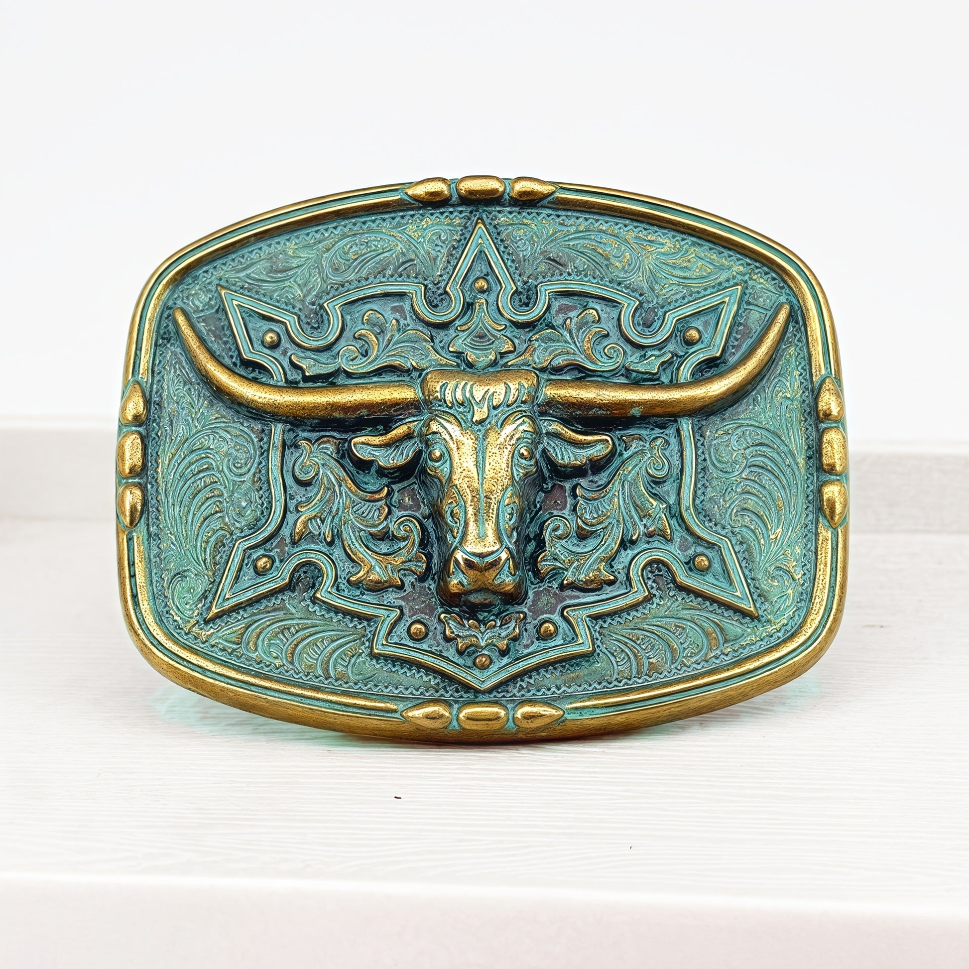 Western Verdigris Longhorn Cowboy Style Buckle Perth Australia House of Hide handcrafted metal buckle with turquoise longhorn design