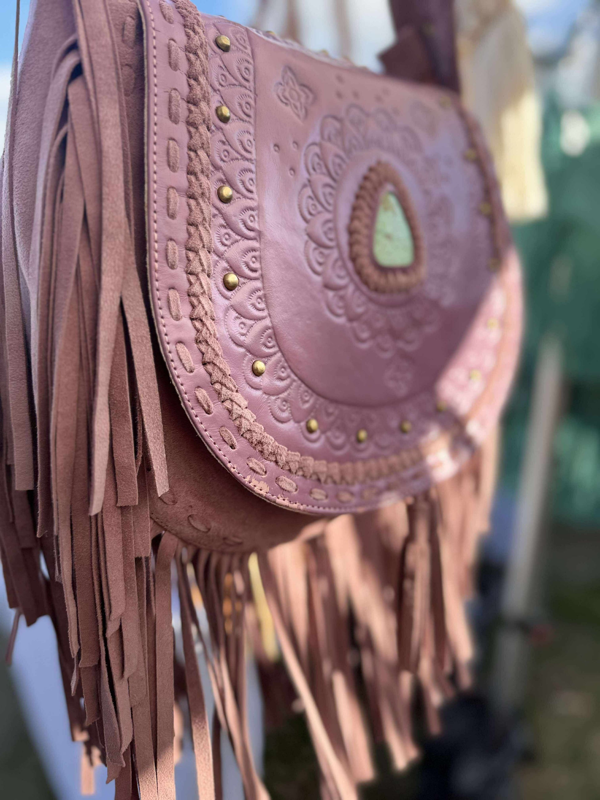 Western-inspired tooled leather bag in pink – small batch crossbody by House of Hide