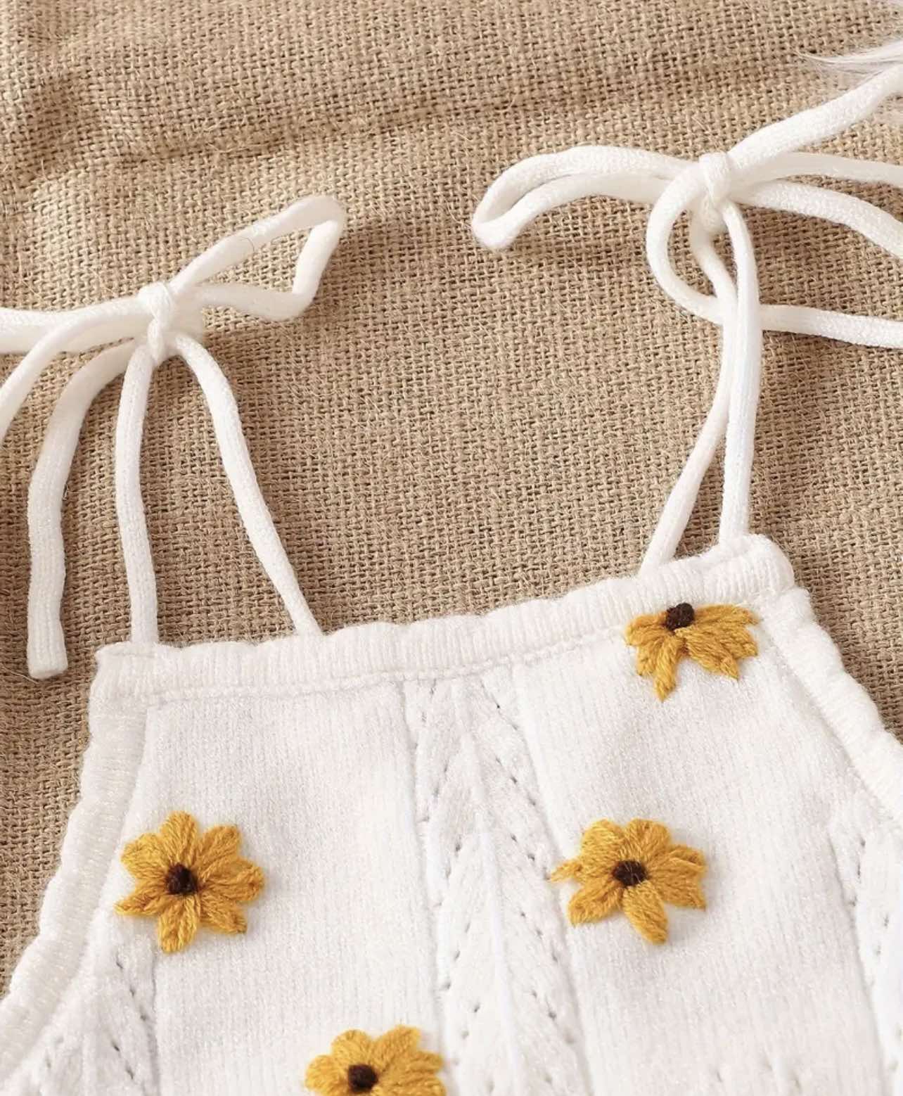 White Sunflower Knit Two-Piece Set for baby girls, featuring a sleeveless top and shorts, available in Australian boutiques.