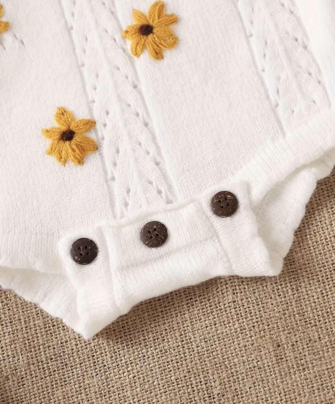 White Sunflower Knit Two-Piece Set styled for a baby girl, showing the sleeveless tank top and coordinating shorts.