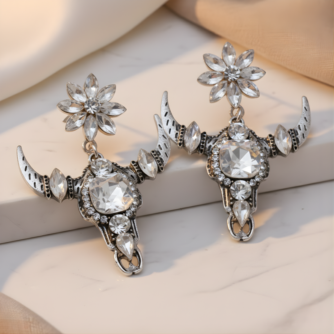 Statement bull skull earrings Perth Australia House of Hide featuring floral crystal design