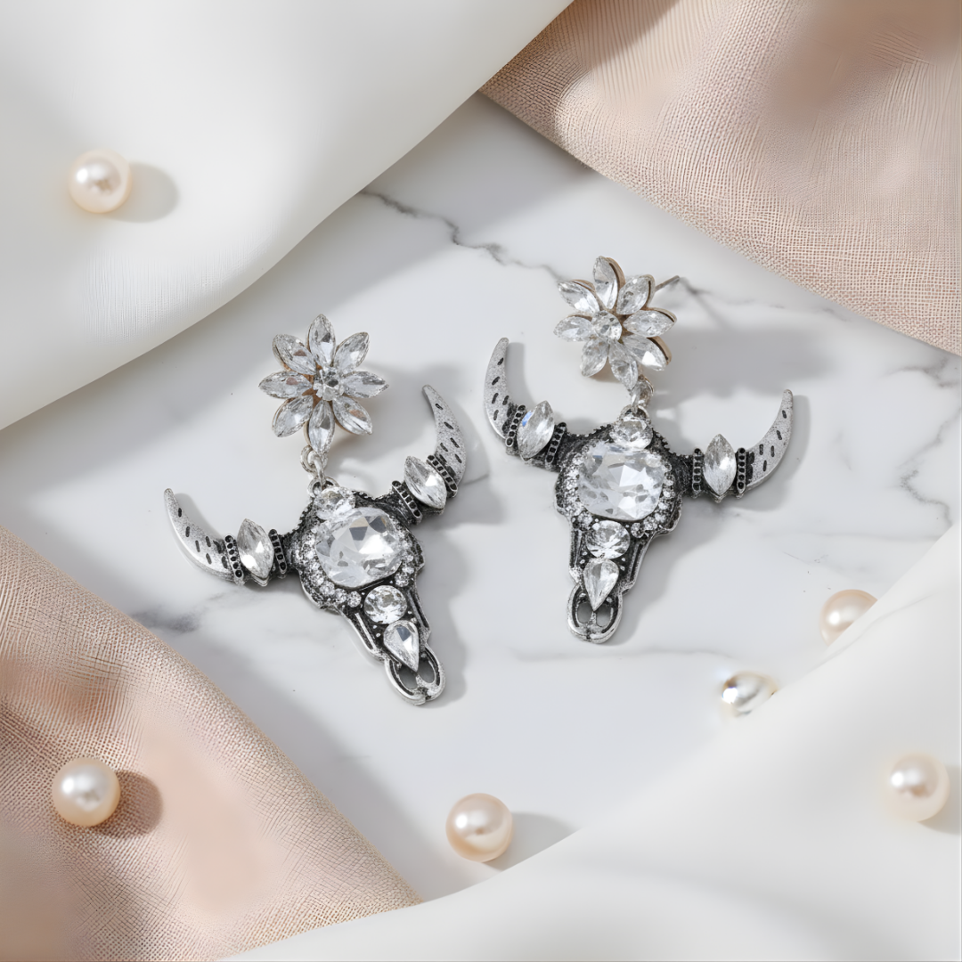 Sparkling floral and bull skull drop earrings Perth Australia House of Hide boho jewellery