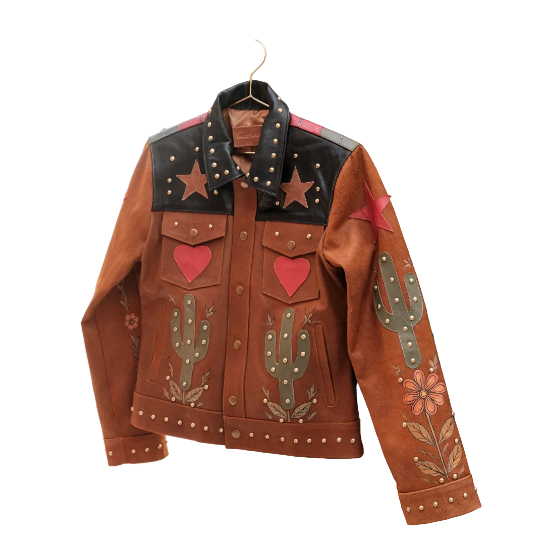 Wild Heart leather biker jacket with hand-painted heartburst back design and Western artwork