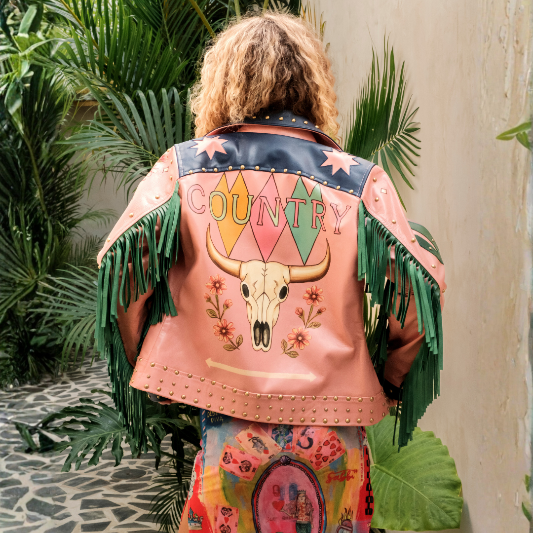 Women's Western leather jacket with green leather fringe, longhorn artwork and floral hand-painted design