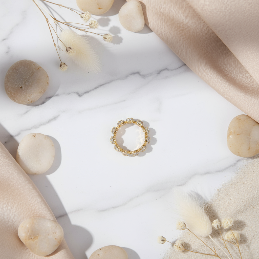 Elegant gold diamond ring Perth Australia House of Hide featuring big center gem with halo design