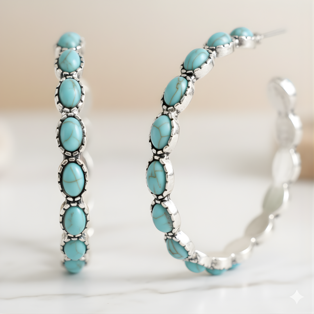 Azure Horizon Hoop Earrings Perth House of Hide turquoise bead statement earrings on white background