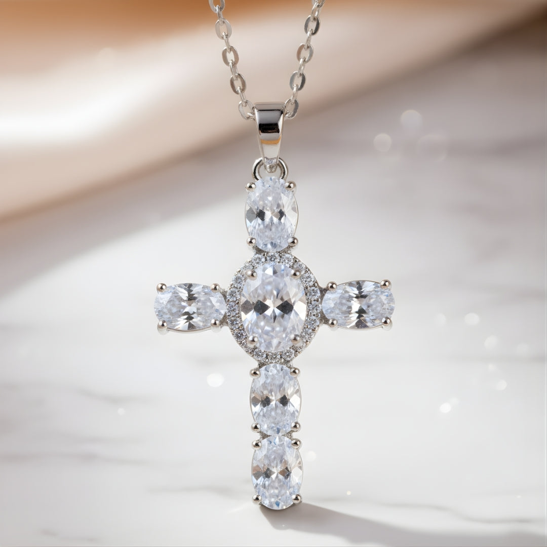 Azure Spirit Necklace featuring silver cross pendant on white surface