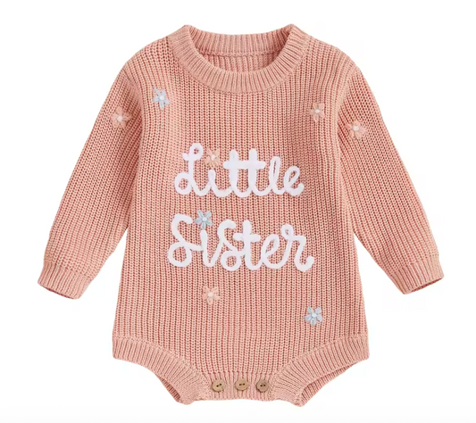 Peach baby girl romper with ‘Little Sister’ embroidery – newborn outfit Australia