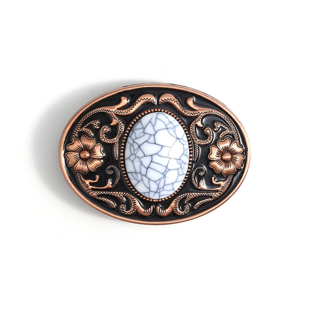 Belt buckle with a floral design and a white cracked-design gemstone in the middle on a white background